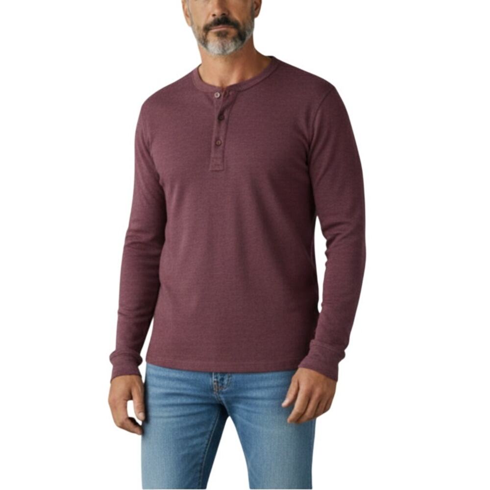 MARINE LAYER Double Knit Henley Top Men Sz M Burgundy Stylish Academia Office